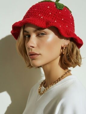 Red Knit Strawberry Bucket Hat - Women Accessories